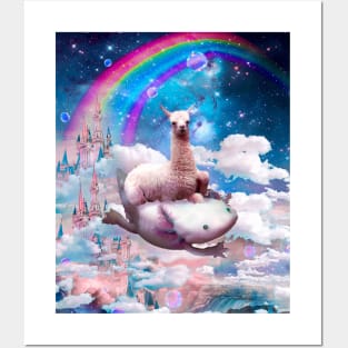 Space Llama Riding Axolotl - Rainbow Posters and Art